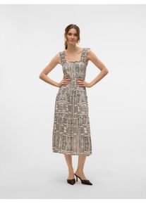 V&eacute;ro Moda Sommerkleid VERO MODA "VMMENNY SL SMOCK CALF DRESS WVN GA", Damen, Gr. S, N-Gr, oatmeal aop:tenna, Web, Obermaterial: 100% Viskose, bedruckt, regular fit wadenlang, eckiger Ausschnitt, Kleider Sommerkleid, Viskose, regular fit, Oberteil gesmokt