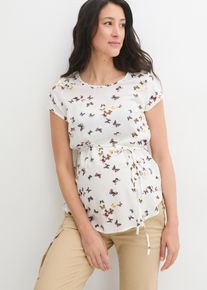 Umstandsbluse bonprix, Damen, Gr. 48, wollwei&szlig;, Web, Obermaterial: 100% Viskose, bedruckt, figurumspielend h&uuml;ftbedeckend, Blusen Umstandsbluse, figurumspielende Passform, mit kurzem Arm, mit Bindeband, Topseller