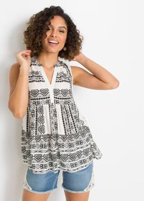 Blusentop bonprix, Damen, Gr. 50, schwarz, wollwei&szlig; bedruckt, Web, Obermaterial: 100% Viskose, A-Linie, Blusen Blusentop, A-Linien-Passform, mit Hendleykragen, aus Viskose, &auml;rmellos