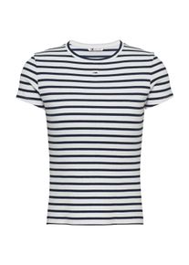 Kurzarmshirt Tommy Jeans "TJW ESSENTIAL RIB SHORT SLEEVE EXT", Damen, Gr. XXL (44), blau (ecru, navy), Single Jersey, Obermaterial: 95% Baumwolle, 5% Elasthan, gestreift, slim fit h&uuml;ftlang, Rundhals, abgesteppte Kante, Shirts Kurzarmshirt, Baumwollmischung in gerippter Struktur, Slim Fit