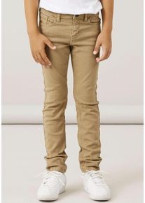 R&ouml;hrenhose name it "NKMTHEO f&uuml;r Jungen mit verstellbarem Bund und schmaler Silhouette", Jungen, Gr. 92, N-Gr, braun (kelp), Twill, Obermaterial: 98% Baumwolle, 2% Elasthan, unifarben, slim fit kn&ouml;chellang, Hosen R&ouml;hrenhose, slim fit, Twill, Rei&szlig;verschluss, uni