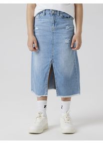 Jeansrock name it "NKFKAT DNM LONG SKIRT 3724-BE NOOS", M&auml;dchen, Gr. 116, blau (light blau denim), Denim/Jeans, Obermaterial: 100% Baumwolle, Abriebeffekte, regular fit ca. Mitte Wade, R&ouml;cke Jeansrock