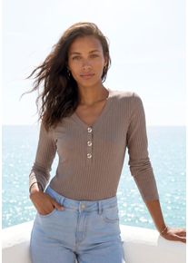 Langarmshirt Lascana "mit kurzer Knopfleiste", Damen, Gr. 36/38, grau (taupe), Rippware, Obermaterial: 95% Viskose, 5% Elasthan, unifarben, bequem normal, V-Ausschnitt, Shirts Langarmshirt, aus weicher Viskose-Ripp-Qualit&auml;t, Topseller
