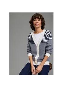 Strickjacke Laura Scott, Damen, Gr. 32/34, marine, wei&szlig;, gestreift, Strick, Obermaterial: 50% Baumwolle, 50% Polyacryl, gestreift, figurumspielend h&uuml;ftlang, V-Ausschnitt, Rippb&uuml;ndchen, Strickjacken Strickjacke, mit modernen Perlstrick und V-Ausschnitt