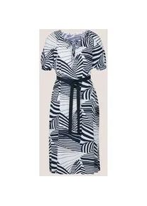 Madeleine Mode Midikleid MADELEINE "Sommerkleid Druckkleid mit grafischem Muster", Damen, Gr. 44, N-Gr, blau (marine, wollwei&szlig;), Obermaterial: 100% Viskose CV., Modern, A-Linie, Kleider Midikleid, Kleid mit Bindeband