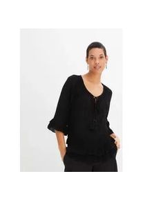 Tunika bonprix, Damen, Gr. 44, schwarz, Obermaterial: 100% Viskose, A-Linie, Tuniken, A-Linien-Passform, mit 3/4-&Auml;rmeln, gleichfarbige Stickerei