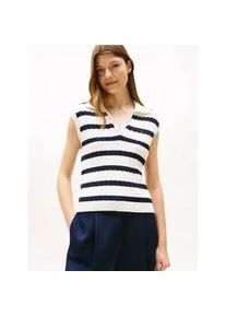 Pullunder Tommy Hilfiger "CO CABLE MID GG OPEN POLO VEST", Damen, Gr. M (38), beige (ivory silk, schwarz night navy stp), Strick, Obermaterial: 100% Baumwolle, gestreift, regular fit normal, V-Ausschnitt, Pullover Pullunder, mit Zopfmuster