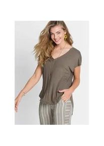 Oversize-Shirt bonprix, Damen, Gr. 36/38 (S), helloliv, Jersey, Obermaterial: 95% Viskose, 5% Elasthan, unifarben, oversize Po-bedeckend, tiefer V-Ausschnitt, angeschnitten, Shirts, Oversize-Passform, tiefer V-Ausschnitt, abgerundeter Vokuhila-Saum