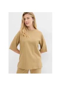 Longshirt bonprix, Damen, Gr. 36/38 (S), khakibraun, Interlock, Obermaterial: 100% Baumwolle, unifarben, oversize Po-bedeckend, Rundhals, weit, Shirts Longshirt, Oversized Schnitt, Halbarm, f&uuml;r Fr&uuml;hling und Sommer