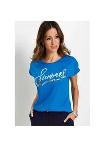 T-Shirt bonprix "Shirt mit Pailletten", Damen, Gr. 36/38 (S), blau (meeresblau, silber bedruckt), Obermaterial: 100% Baumwolle, loose fit, Shirts T-Shirt, lockere Passform, Kurzarm, aus Baumwolle