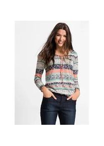 Tunikashirt bonprix, Damen, Gr. 36/38 (S), lachs gemustert, Jersey, Obermaterial: 50% Baumwolle, 50% Viskose, bedruckt, A-Linie h&uuml;ftlang, V-Ausschnitt, Shirts, Langarm, mit Bindeband am Ausschnitt
