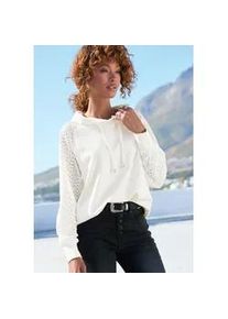 Kapuzensweatshirt Lascana, Damen, Gr. 44/46, wei&szlig;, Stoff, Obermaterial: 50% Viskose, 44% Polyester, 6% Elasthan. &Auml;rmel: 95% Polyester, 5% Elasthan, unifarben, figurumspielend h&uuml;ftlang, Rundhals, Raglan&auml;rmel angesetztes B&uuml;ndchen, Sweatshirts, mit &Auml;rmeln aus elastischer Spitze
