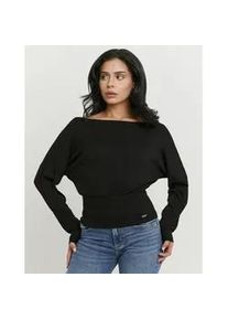 Langarmshirt Tally Weijl "STSCOWASTA", Damen, Gr. L, schwarz, Jersey, Obermaterial: 50% Baumwolle, 45% Modal, 5% Elasthan, unifarben, bequem normal, U-Boot-Ausschnitt, Shirts Langarmshirt, U-Boot-Ausschnitt, Fledermaus&auml;rmel und breitem, eng anliegendem Bund