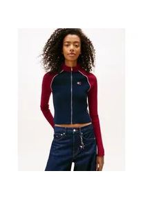 Tommy Hilfiger Strickjacke TOMMY JEANS "TJW COLORBLOCK ZIP THRU CARDIGAN", Damen, Gr. S (36), schwarz night navy, Strick, Obermaterial: 90% Polyester, 9% Polyamid, 1% Elasthan, colorblocking, Strickjacken Strickjacke
