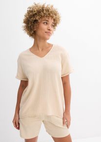bonprix Shirt-Tunika aus softem Musselin, beige, Gr.52, Shirt-Tunika mit &uuml;berschnittener Schulter, umgeklapptem &Auml;rmelbund und verl&auml;ngertem hinterem Saum, aus 100% Baumwolle,Musselin