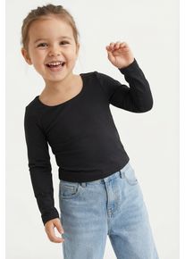 Langarmshirt KIDS Only "KOGEA L/S 2-WAYS FIT TOP CS JRS NOOS", M&auml;dchen, Gr. 146/152, schwarz, Jersey, Obermaterial: 94% Polyamid, 6% Elasthan, unifarben, regular fit h&uuml;ftbedeckend, U-Boot-Ausschnitt, Shirts Langarmshirt