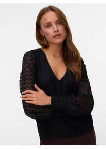 V&eacute;ro Moda Langarmshirt VERO MODA "VMBECCA LS V-NECK LACE TOP JRS NOOS", Damen, Gr. XS, schwarz, Jersey, Obermaterial: 100% Polyester, unifarben, normal, V-Ausschnitt, Shirts Langarmshirt