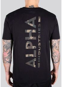 Rundhalsshirt Alpha Industries "Back Tee Camo Print", Herren, Gr. S, schwarz (schwarz, woodland), Single Jersey, Obermaterial: 100% Baumwolle, bedruckt, normal normal, Rundhals, gerader Abschluss, Shirts Rundhalsshirt
