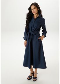 Blusenkleid Aniston SELECTED, Damen, Gr. 46, N-Gr, blau (dunkelblau), Web, Obermaterial: 100% Baumwolle, unifarben, figurumspielend ca. Mitte Wade, 1-Knopf-Manschette, Kleider Blusenkleid, im angesagten, klassischen Look, Topseller