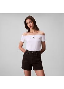 Blusentop Calvin Klein Jeans "MNGRM OFF SHLDR STRT", Damen, Gr. S (38), wei&szlig; (brilliant wei&szlig;), Web, Obermaterial: 95% Baumwolle, 5% Elasthan, unifarben, k&ouml;rpernah normal, tiefer Rundhals, abgesteppte Kante, Blusen Blusentop, Mit tiefem Rundhalsausschnitt