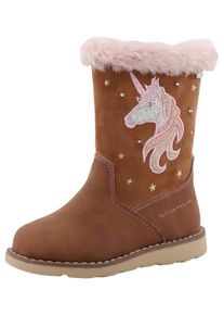 Winterstiefel Tom Tailor "Blinkschuh", M&auml;dchen, Gr. 33, braun (cognac), Lederimitat, Textil, Glitzer, Schuhe Winterstiefel, Langschafttstiefel, Kinderstiefel mit blinkendem Einhornmotiv