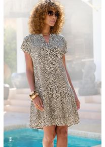 Blusenkleid Lascana, Damen, Gr. 46, N-Gr, beige, schwarz bedruckt, Web, Obermaterial: 100% Viskose, bedruckt, figurumspielend ca. Mitte Oberschenkel, V-Ausschnitt, Kleider Blusenkleid, mit Allover Animal-Print