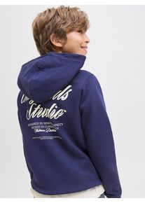 Jack & Jones Kapuzensweatshirt JACK & JONES JUNIOR "JORNORREBRO TYPO BACK SWEAT HOOD SN JNR", Jungen, Gr. 164, blau (ocean cavern), angeraute Sweatware, Obermaterial: 89% Baumwolle, 11% Polyester, bedruckt, relaxed fit normal, Rundhals, Rippb&uuml;ndchen, Sweatshirts Kapuzensweatshirt, Baumwollmischung, relaxed fit, Langarm