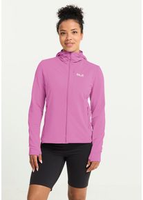 Fleecejacke Jack Wolfskin "LITESTRIDE HOODED FZ W", Damen, Gr. XS (34), foxglove, Fleece, Obermaterial: 91% Polyester, 9% Elasthan. Futter: 100% Polyester, unifarben, Basic h&uuml;ftbedeckend, angesetztes B&uuml;ndchen mit Daumenl&ouml;chern, Jacken Fleecejacke, atmungsaktiv, leicht, &Uuml;bergangsjacke