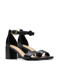 Sandale Clarks "Ezoria Mae", Damen, Gr. 39, schwarz (schwarz leather), Leder, Schuhe Sandale, Festtagsschuh, Sandalette mit Blockabsatz