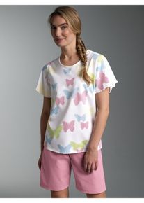 Schlafanzug TRIGEMA "TRIGEMA Pyjama mit Allover-Druck "Schmetterlinge", Damen, Gr. XL, wei&szlig;, Single Jersey, 100% Baumwolle, Rundhals, Homewear-Sets Schlafanzug