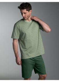 Schlafanzug TRIGEMA "TRIGEMA Pyjama mit Allover Tetris Muster", Damen, Gr. XL, gr&uuml;n tea, Single Jersey, 100% Baumwolle, Rundhals, Homewear-Sets Schlafanzug