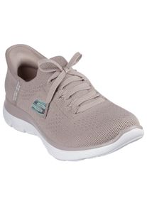 Slip-On Sneaker Skechers "SUMMITS-NEW DAILY", Damen, Gr. 35, grau (taupe), Textil, Schuhe Slip-On Sneaker, Slipper, Freizeitschuh in veganer Verarbeitung