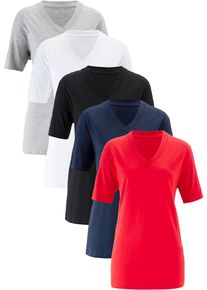 Longshirt bonprix "Weites Long-Shirt mit V-Ausschnitt, Kurzarm (5er Pack)", Damen, Gr. 44/46 (L), erdbeere, schwarz, wei&szlig;, hellgrau meliert, dunkelblau, Jersey, Obermaterial: 90% Baumwolle, 10% Viskose, mehrfarbig, unifarben, loose fit normal, V-Ausschnitt, gerader Abschluss, Shirts Longshirt, lockere Passform, Kurzarm, mit V-Ausschnitt, unifarben
