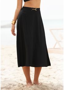 Midirock Lascana, Damen, Gr. 38, schwarz, Web, Obermaterial: 100% Viskose, unifarben, figurumspielend ca. Mitte Wade, R&ouml;cke Midirock, mit Zierdetail am Bund, sommerlich