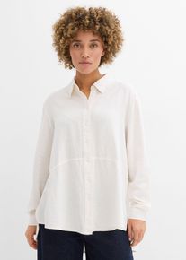 bonprix Oversize Bluse aus Leinen- Mix, wei&szlig;, Gr.50, Oversize-Bluse mit abgerundetem & hinten verl&auml;ngertem Saum. Ein Langarmmodell mit Kragen und Knopfleiste., aus Leinen,Viskose