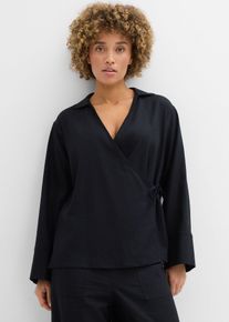 bonprix Wickelbluse aus Leinenmix, schwarz, Gr.44, Wickelbluse aus Leinenmix in leichter A-Linie mit Bindedetail. Oversize-Fit., aus Leinen,Viskose