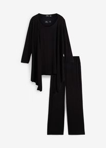 bonprix Loungewear Hausanzug (3-tlg.Set), schwarz, Gr.48/50 (XL), Set aus Top mit Rundhalsausschnitt, Jacke mit 3/4Arm und kn&ouml;chellanger Hose (3-tlg)., aus Viskose