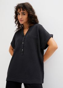 bonprix Kurzarmbluse aus Musselin, schwarz, Gr.50, Stylische Bluse aus Musselin mit aufgesetzter Tasche, aus Musselin
