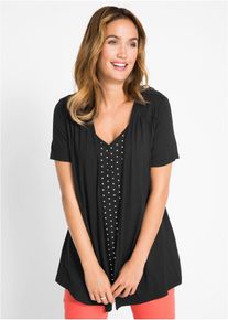 bonprix 2 in 1 Shirt mit V-Ausschnitt kurzarm, schwarz, Gr.44/46 (L), Casual 2in1 Shirt mit Zierknopfleiste und verl&auml;ngerten Saumenden, aus Viskose