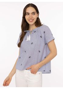 Kurzarmbluse Zwillingsherz "Stripe & Stitch", Damen, Gr. L/XL, marine, Obermaterial: 100% Baumwolle, Blusen Kurzarmbluse, Kurzarm, mit Stickerei, Tunnelzug und Tasseln