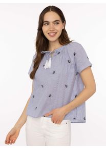 Kurzarmbluse Zwillingsherz "Stripe & Stitch", Damen, Gr. S/M, marine, Obermaterial: 100% Baumwolle, Blusen Kurzarmbluse, Kurzarm, mit Stickerei, Tunnelzug und Tasseln