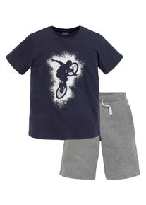 T-Shirt & Shorts Kidsworld "2tlg. Set T-Shirt + Sweatshorts", Jungen, Gr. 164/170, blau (marine, graumeliert), Jersey, Obermaterial: 100% Baumwolle. Obermaterial Hose: 85% Baumwolle, 15% Viskose, bedruckt, KOB Set-Artikel T-Shirt & Shorts, BIKER-Druck, jedes Teil einzeln tragbar