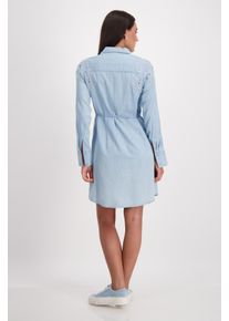Jeanskleid monari, Damen, Gr. 42, N-Gr, blau (jeans), Web, Obermaterial: 68% Lyocell, 32% Baumwolle, unifarben, klassisch kniefrei, Rundhals, eingesetzt,&Auml;rmel mit &Auml;rmelschlitz Manschette mit Kn&ouml;pfen, Kleider Jeanskleid, mit Bindeg&uuml;rtel