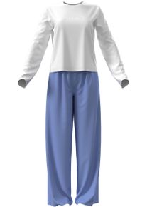 Schlafanzug "LS PANT SET", Damen, Gr. L (40), classic wei&szlig; top w, blau descent p, Web, Obermaterial: 100% Baumwolle, Calvin Klein Underwear, unifarben, normal lang, Rundhals, eingesetzt abgesteppte Kante, Homewear-Sets Schlafanzug, Normale Passform mit Rundhalsausschnitt
