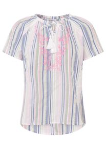 Kurzarmbluse Zwillingsherz "Summer Stripes", Damen, Gr. L/XL, wei&szlig;, Obermaterial: 100% Baumwolle, Blusen Kurzarmbluse, Streifen, Tunnelzug und Tasseln, kurzarm