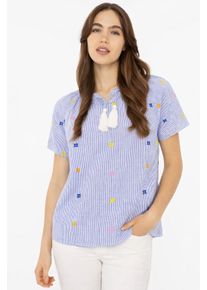Kurzarmbluse Zwillingsherz "Stripe & Stitch", Damen, Gr. S/M, blau, Obermaterial: 100% Baumwolle, Blusen Kurzarmbluse, Kurzarm, mit Stickerei, Tunnelzug und Tasseln