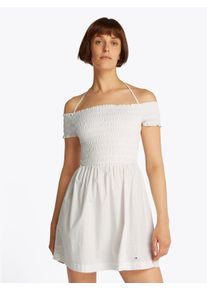 Smokkleid Tommy Jeans "TJW RUCHE F&F POPLIN DRESS EXT", Damen, Gr. M (38), N-Gr, beige (ecru), Popeline, Obermaterial: 100% Baumwolle, unifarben, ausgestellt Mini, Kleider Smokkleid, in Smok-Optik