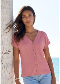 Kurzarmshirt Lascana "mit Zierknopfleiste", Damen, Gr. 36/38, lila (beere), Piqu&eacute;, Obermaterial: 69% Polyester (REPREVE), 28% Viskose, 3% Elasthan, unifarben, bequem normal, V-Ausschnitt, Shirts Kurzarmshirt, aus weicher Piqu&eacute;-Qualit&auml;t