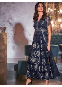 Abendkleid Heine "Abendkleid", Damen, Gr. 40, Normalgr&ouml;&szlig;en, blau (marine), 50% Polyamid, 50% metallisierte Fasern, gebl&uuml;mt, gemustert, lang, V-Ausschnitt, Kleider Abendkleid