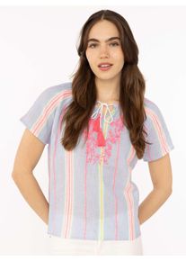 Kurzarmbluse Zwillingsherz "Summer Stripes", Damen, Gr. S/M, blau, Obermaterial: 100% Baumwolle, Blusen Kurzarmbluse, Streifen, Tunnelzug und Tasseln, kurzarm